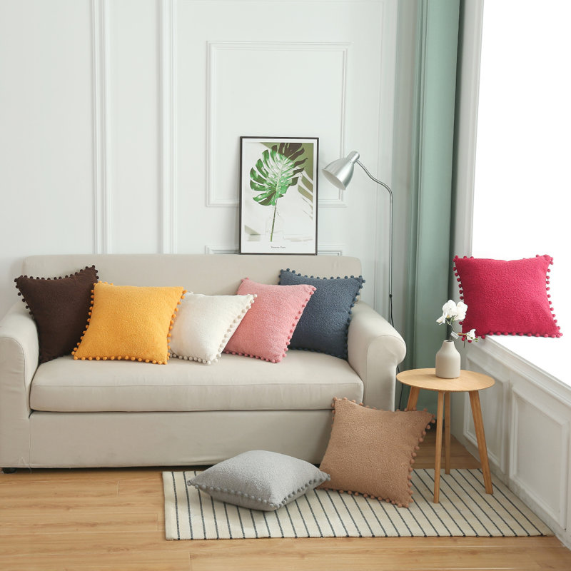 (Couvertures avec insertions) Ensemble de 2 coussins décoratifs PomPom, Blanc