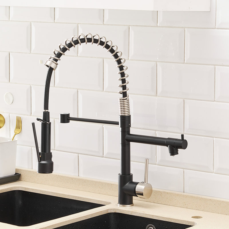 Robinet de cuisine avec douchette rétractable, surface noir mat, rotation à 360 degrés pour les cuisines contemporaines