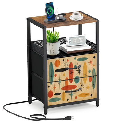 2 Fabric Drawers Night Stand with Charging Station Mid Century Retro Abstract Modern Geometric Colorful Vintage Bedroom Bedside Table End Table with Open Shelf USB Ports and Outlets