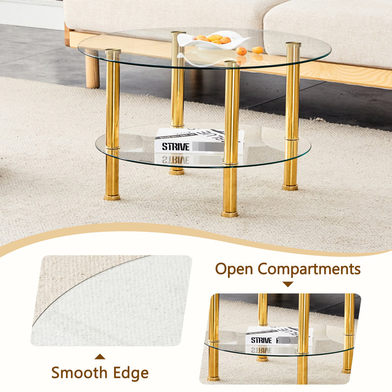 Fashionable Double Layer Clear Glass Coffee Table, 27.5" & 23.6" Tops, Golden Legs, Maintenance-Ease Feature Stylish Gold Iron Tubes, Easy Maintenance Characteristic