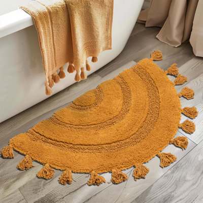 Half Circle Boho Bathroom Rugs With Tassels Hand-Woven Bath Rugs Non Slip Absorbent Crochet Rugs Machine Washable Boho Bath Mats (Yellow)