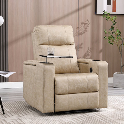 Ryun 33.1'' Wide Breathable Leather Power Recliner with Arm Table and Cup Holder