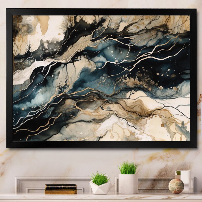 «Blue Beige Marbré Dreamscape III», reproduction sur toile, Cadre photo noir, H 12 po x l 20 po x P 1 po