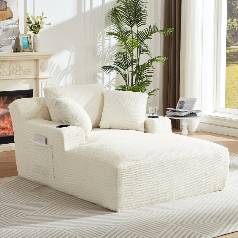 Chaise longue à siège simple en fausse fourrure crème, canapé-lit confortable pour la détente au bureau, sans assemblage, conception ergonomique, tissu doux et structure à ressorts ensachés