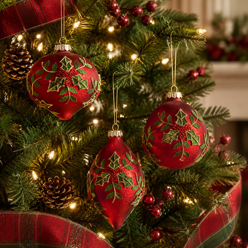 Ornements de Noël en verre, houx rouge et baies, 3 formes assorties