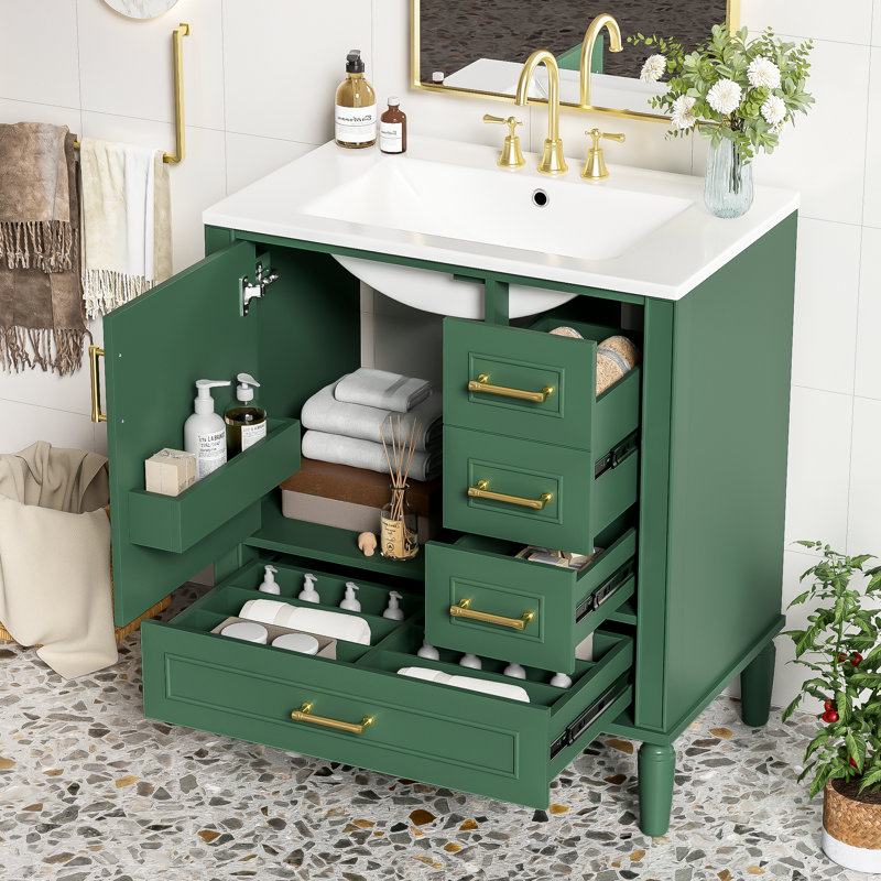 Meuble-lavabo de salle de bain 30 po, trois tiroirs avec mécanisme de fermeture en douceur, lavabo en céramique, poignées dorées, convient aux petites salles de bain traditionnelles 30 po, tiroirs, fermeture, choix compact