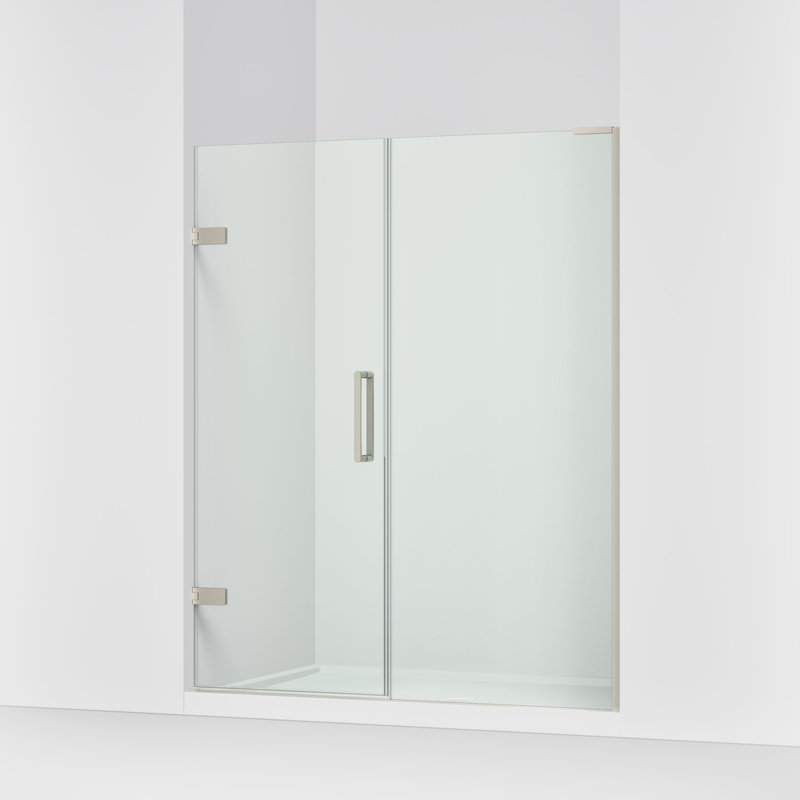 Une porte de douche pivotante sans cadre de l In58 po X H 71 1/2 po avec une porte de douche verticale de 3/8 po et des poignées de porte verticales dos à dos.
