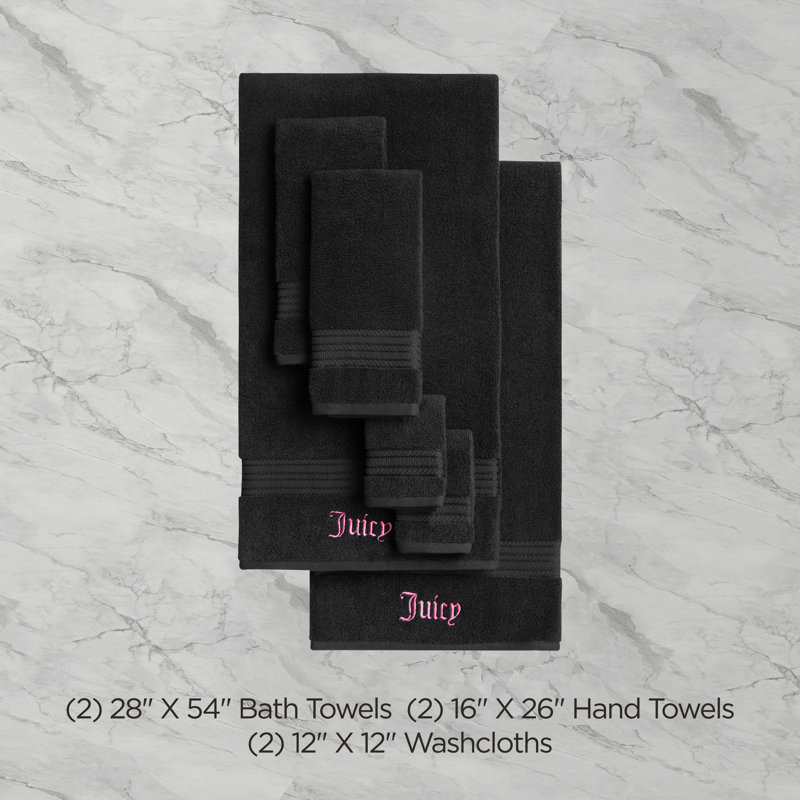 Juicy Couture Neon Border Bath Towels 6-Piece, Black/Hot Pink