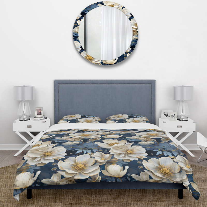 Ensemble de housse de couette à motif floral beige et bleu campagnard, Housse de couette simple + 1 taie décorative stan