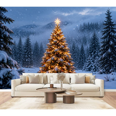 Papier peint mural autocollant représentant un sapin de Noël enneigé et des lumières chaudes, un paysage de forêt hivernale. Décoration murale moderne pour chambre et salon (175 cm x 244 cm).