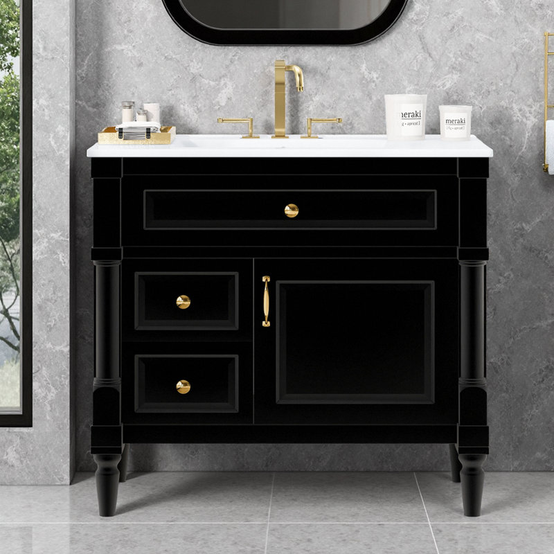 Meuble-lavabo sur pied 36 po avec lavabo en céramique, tiroir rabattable et tablette ajustable 36 po, Black