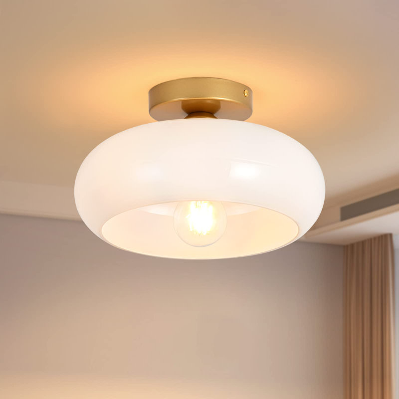 Mid-Century Modern Gold Semi Flush Mount Ceiling Light, Kitchen Ceiling Light Fixture With Glass Shade, Vintage White Close To Ceiling Lamp
