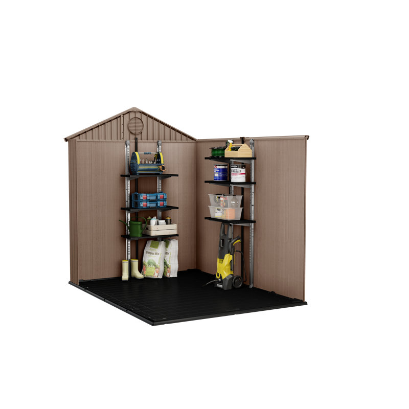 Keter Darwin 6x8 ft. Durable Resin Outdoor Storage Shed With Floor and Double Doors for Garden Patio Furniture and Tools, Brown