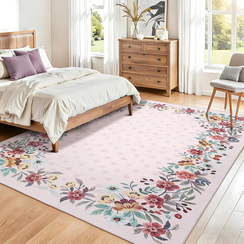 Floral Area Rug, Washable Non Slip Low Pile Rug for Bedroom Living Room, Rectangle 4' x 6', Pink