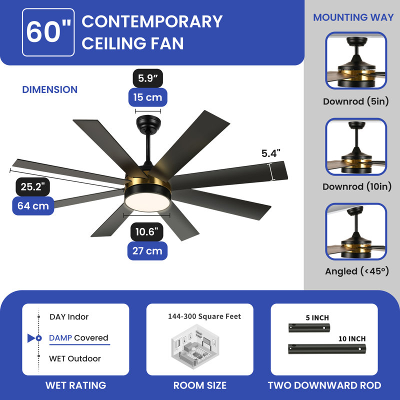 Ventilateur de plafond 60 po avec lumières DEL Chemane, Noir, Or / noir