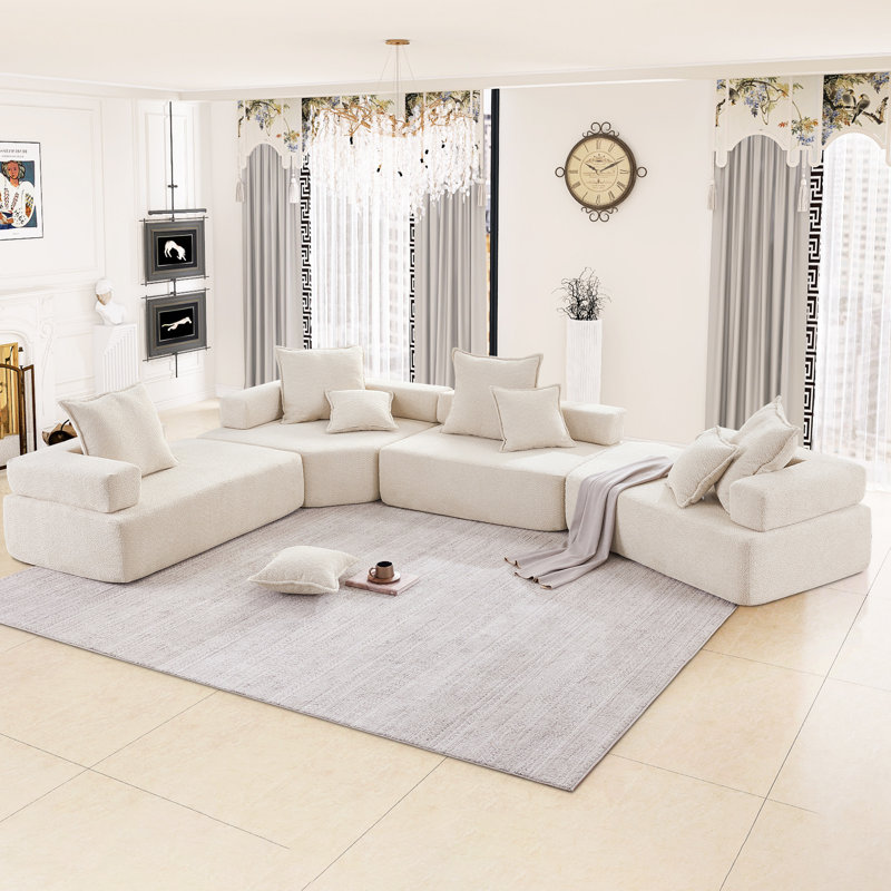 Breydan Oversized Floor Couch Foam-filled Sectional Sofa, Beige Chenille