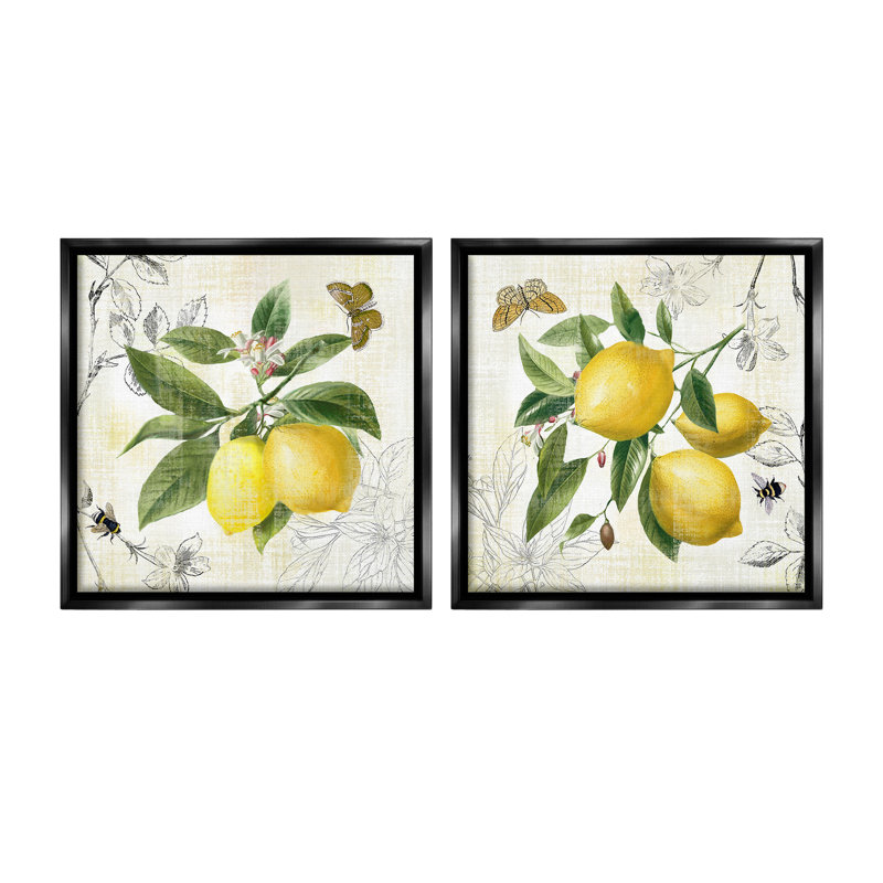 "Distress Country Lemons" par Nan 2 - Pièces sur toile, Cadre flottant noir de jais, H 18 po x l 36 po