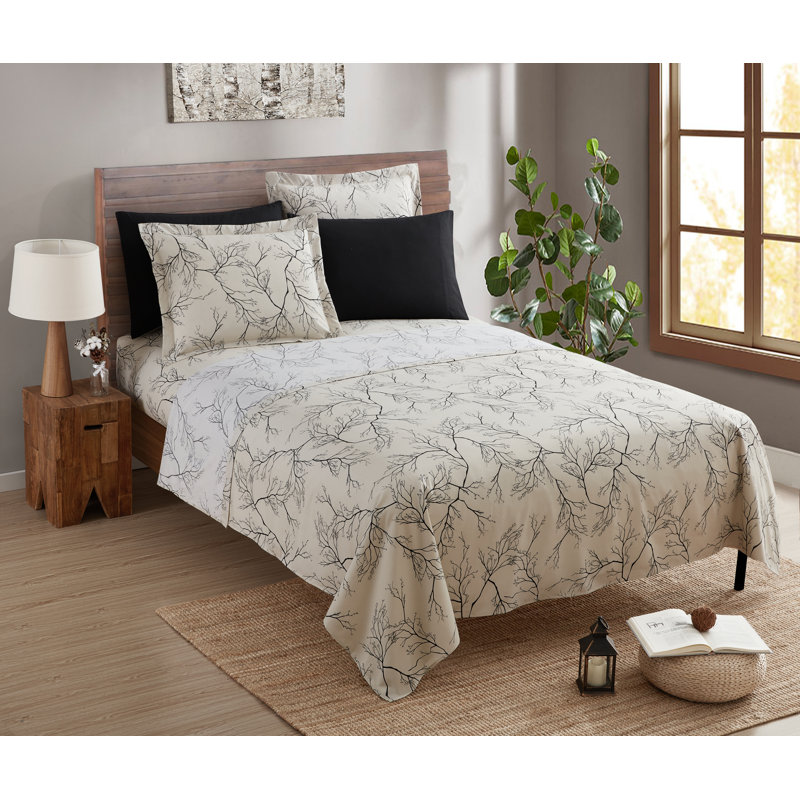 Ensemble de draps en microfibre ultra doux, Ensemble de draps double avec 4 taies d'oreiller, Crème avec motif floral