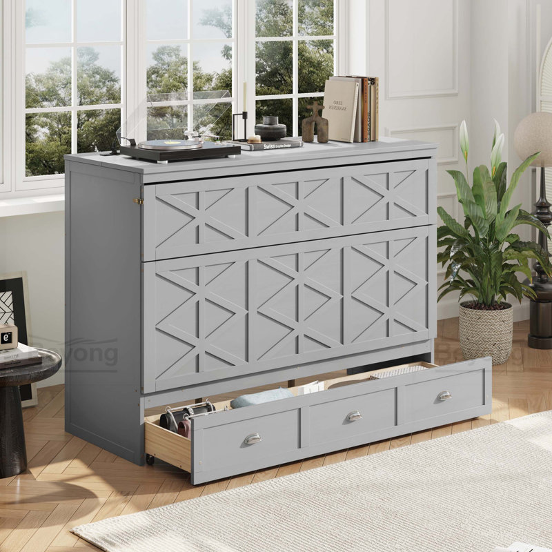 Grand lit escamotable avec grands tiroirs et USB, gris brossé, gris