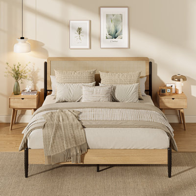 Natural Rattan Queen Bed Frame with Headboard, Sturdy Platform Bed, No Box Spring Needed, Boho Wood Style for Bedroom
