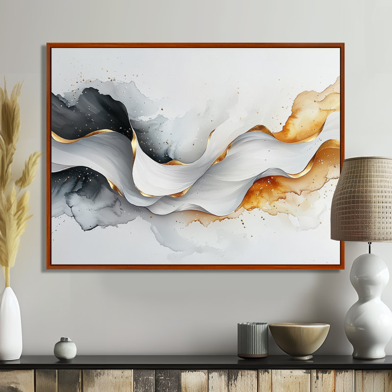 Vagues blanches et dorées blanches de l'introspection, art moderne abstrait, Brun, H 12 po x l 20 po