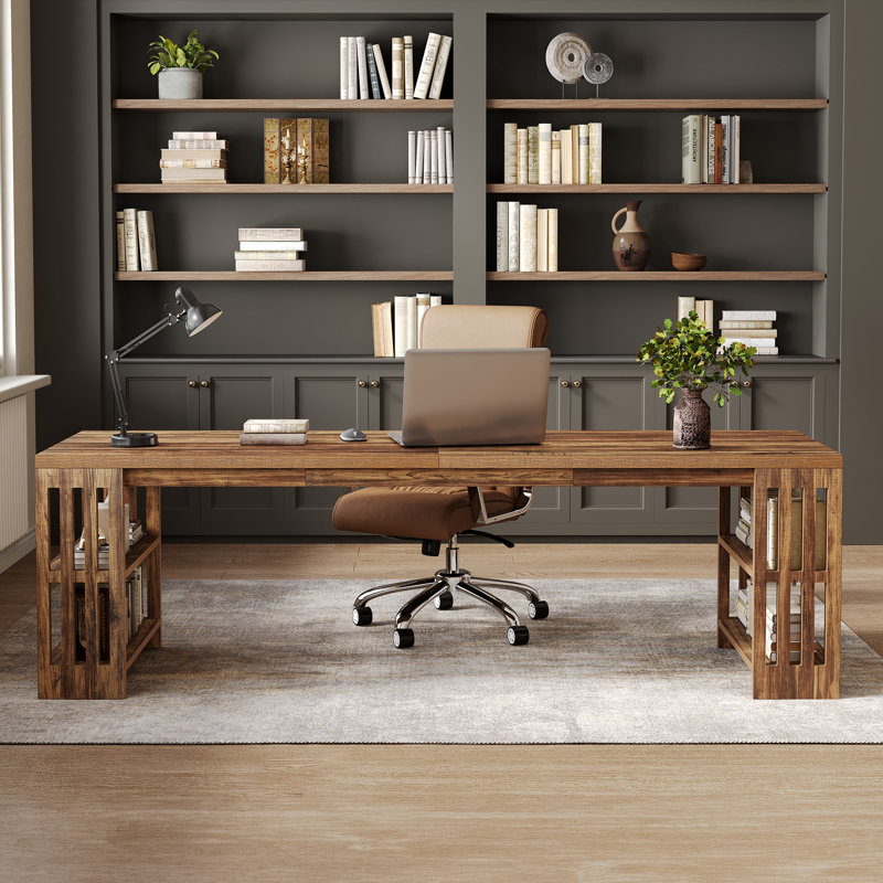 78.7" Long Computer Desk, Wooden 2 Person Desk with Storage Shelf, Dark Brown