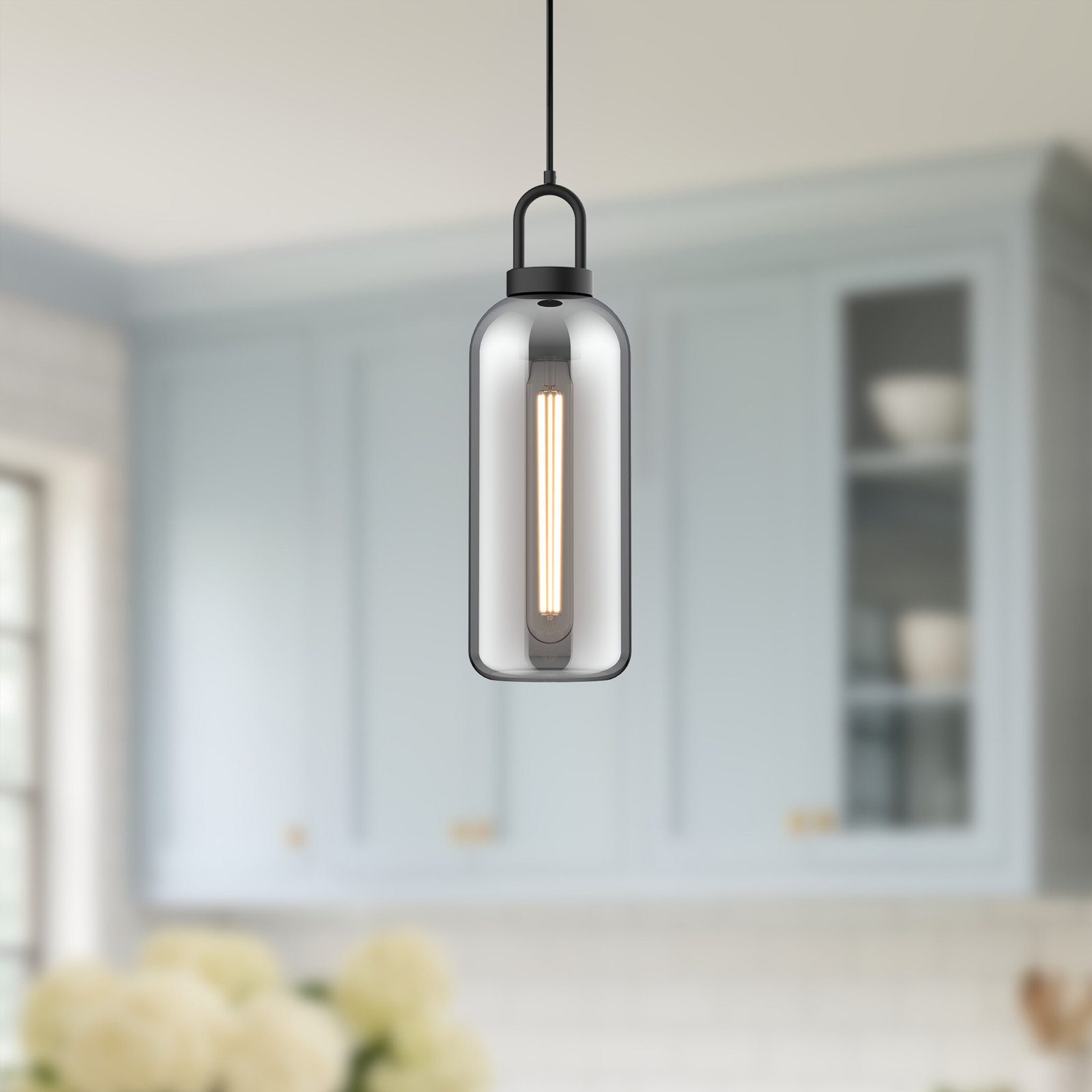 Minneapolis Single Light Glass Pendant, Smoke, Matte Black, 14.875" H x 5.125"W  x  5.125" D 