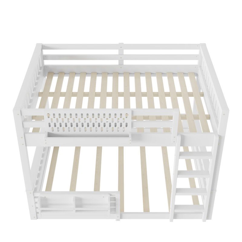 Queen over Queen Bunk Bed with Ladder, Guardrails, Pegboard & Bookshelf, White, Queen Over Queen, White