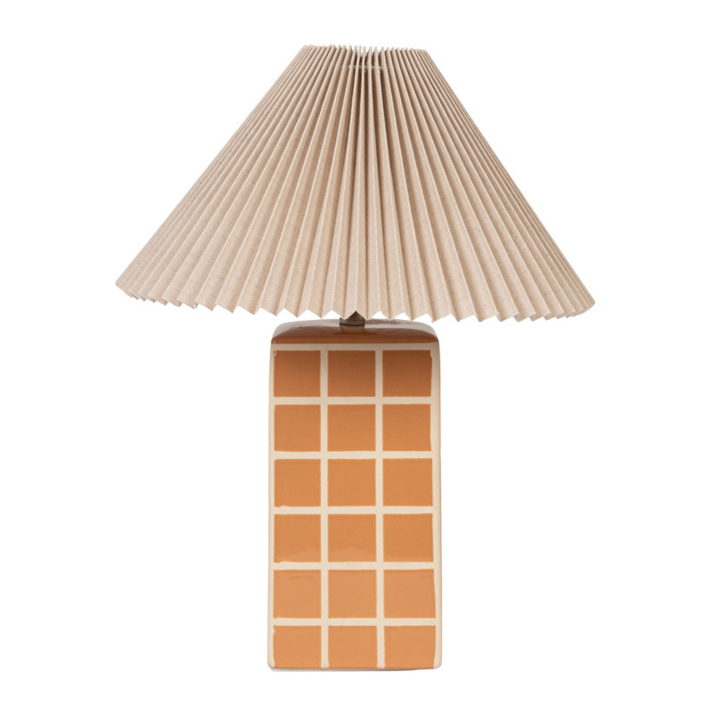 Yellow Ceramic Table Lamp with Pleated Shade, Cream, Brown