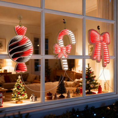 Guirlande de 4 lumières de Noël avec miroir infini, décorations à DEL à double face à effet infini (chaussette, chapeau, canne de bonbon, boîte-cadeau), lueur rouge et blanche, décoration de fête et de décoration d'intérieur