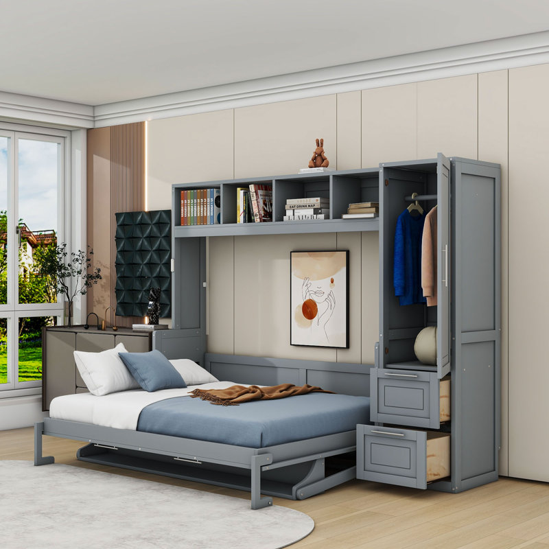 Lit escamotable en bois avec 2 tablettes et 2 tiroirs Tandie, Grand, gris
