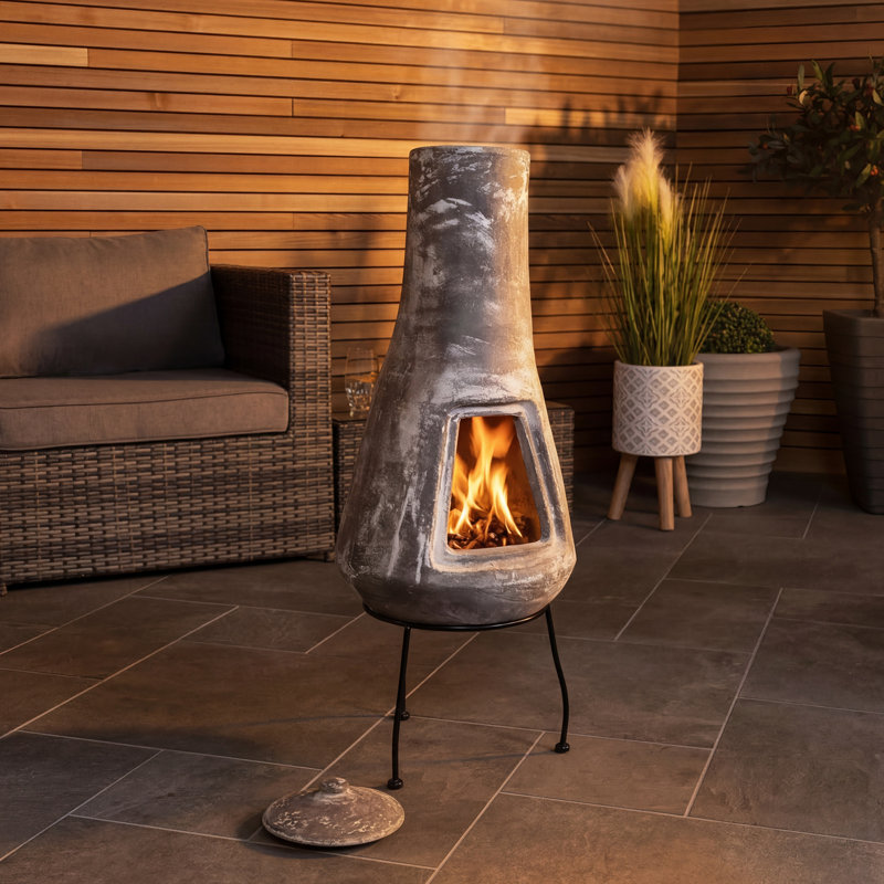 Hourglass Clay Wood Burning Smokeless Chimnea, Grey, 87cm H x 32cm W x 32cm D