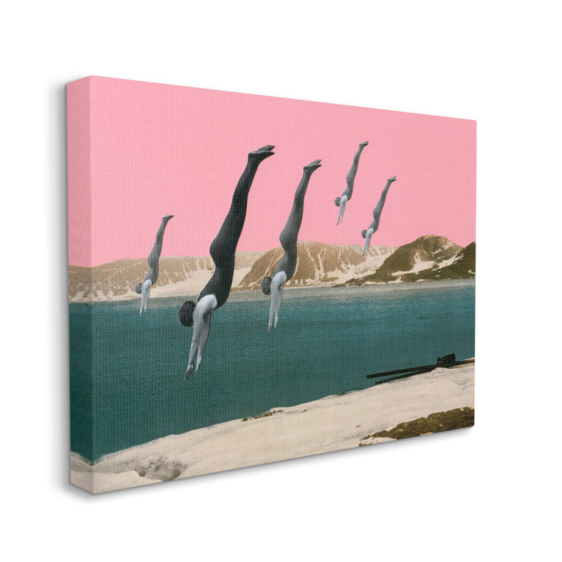 Surreal Swimmers Diving Modern Pink Sunset Landscape by Cassia Beck - Print on Canvas, 20" W x 16" H, Wrapped Canvas