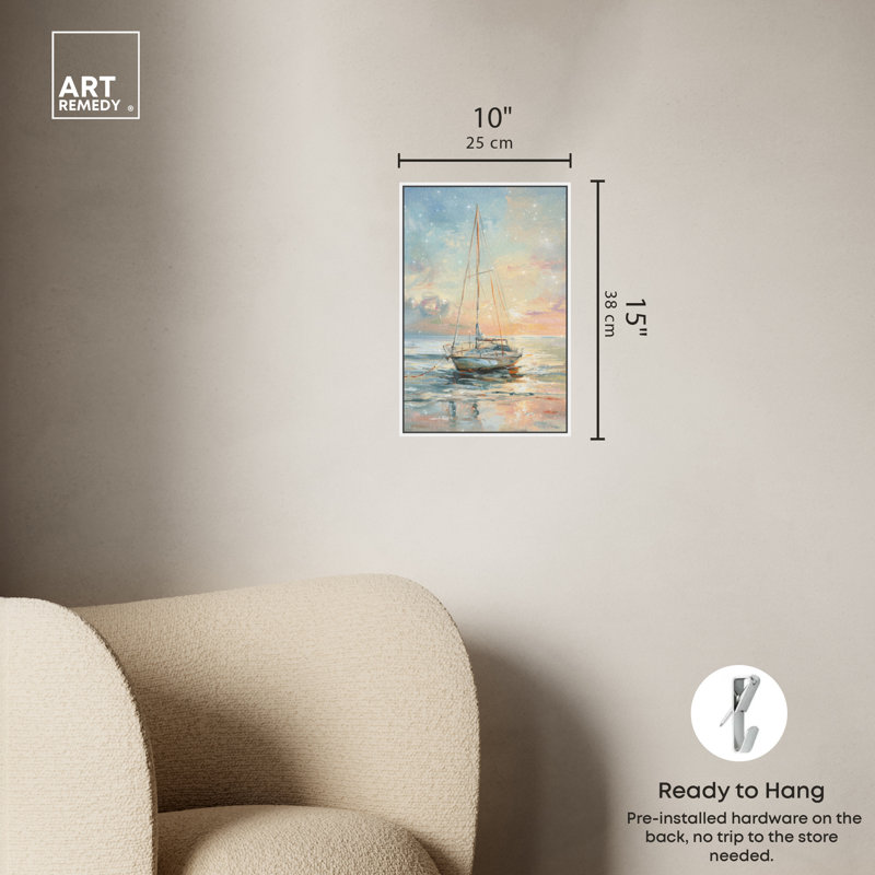 Serene Sunset Sailboat Canvas Print with White Frame
