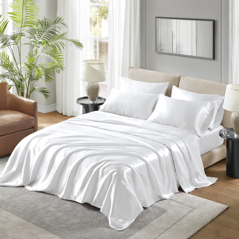 Ensemble de draps en satin blanc de luxe pour lit simple (4 pièces) - Infroissable, doux pour la peau et les cheveux, convient aux matelas de 40 cm d'épaisseur, comprend un drap plat et des taies d'oreiller. Dompte les frisottis pour un sommeil réparateur et paisible.