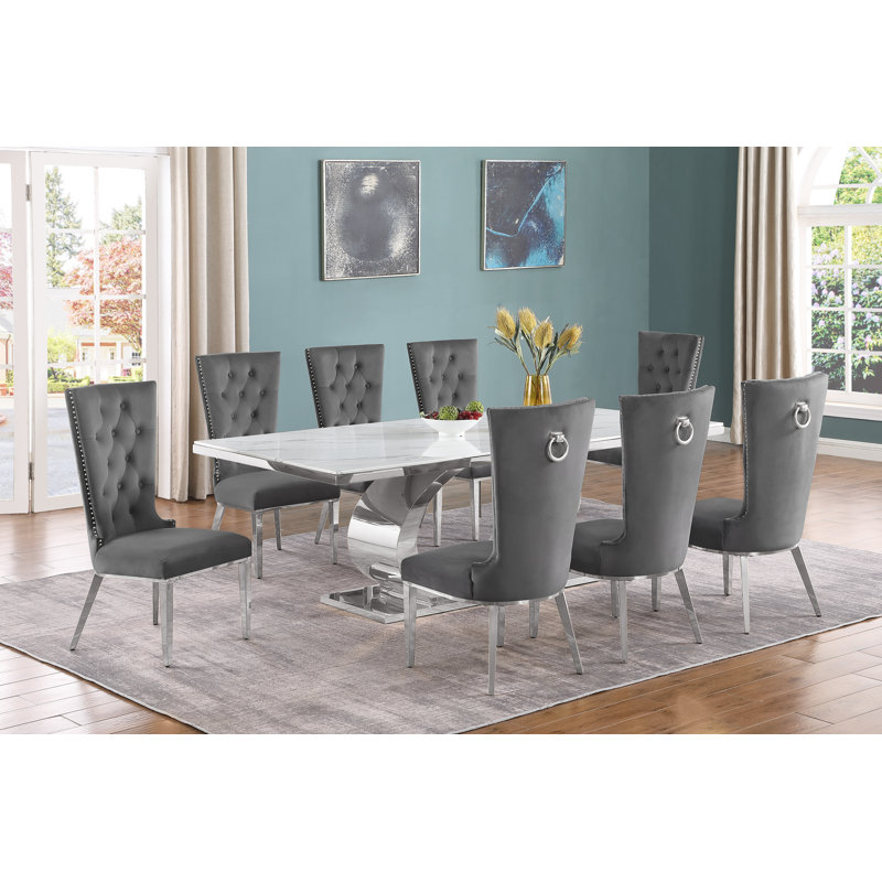 Ensemble de salle à manger Ballance, Ensemble salle à manger 9 pièces, Gris / argent, Argent