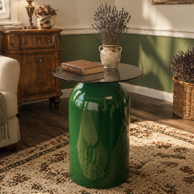 Petite table basse, table centrale ronde, table basse moderne en verre, petite table basse de style Mid-Century, plateau en verre trempé, pour salon, patio, salle d'étude, bureau, hôtel (vert, 19,6 x 15,7 x 10,6 po)