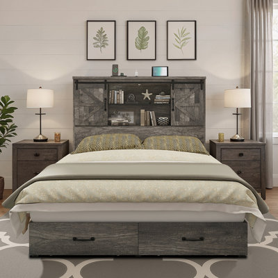 Tryston Sherell Wooden Bookcase Full Bed Frame, Rustic Gray
