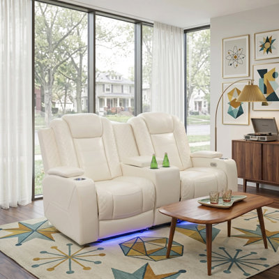 Softora  White Vegan Leather  Reclining  Loveseat With Cup-Holders And LED Lights