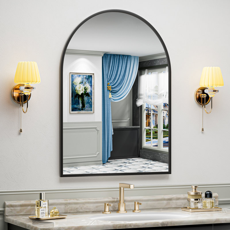 Matte Black Arch Vanity Mirror with Aluminum Alloy Frame, HD Tempered Glass, French Cleat Mounted Wall Decor Bathroom Vanity Mirror