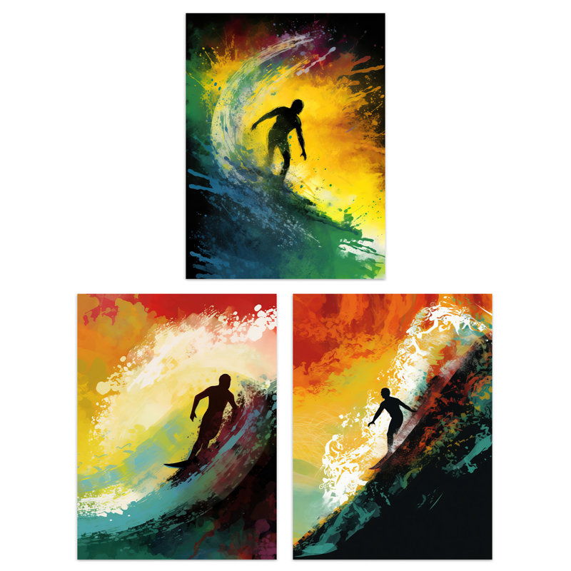 Surfing At Sunset Bright Action Seascape Aesthetic - 3 Piece No Frame Print Set, 40.5cm H x 30.5cm W x 0.3cm D