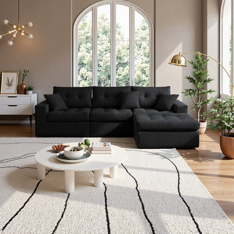 Canapé-lit en L en velours côtelé avec méridienne en coin, éponge haute densité, aucun assemblage requis, Black