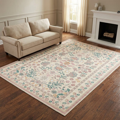 Tapis d'intérieur bohème vintage à motifs floraux, lavable, doux et résistant aux taches, facile à nettoyer, avec envers en caoutchouc antidérapant, à poils courts, idéal pour le salon, la chambre et l'entrée.
