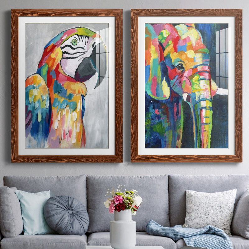 «Vibrant Parrot», ensemble de 2 reproductions d'impressions, H 37,5 po x l 55 po x P 1,5 po, Papier avec cadre érable, Blanc