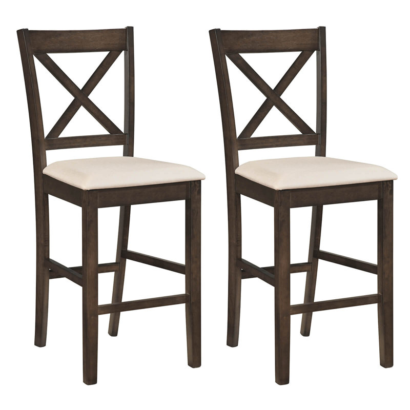 Rubber Wood X-Back Bar Stools Set of 2 with Upholstered Cushioned Seats & Footrests Dark Brown and Cream, Brown