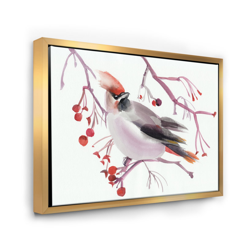 Oiseau ciré sur une branche - peinture sur toile, H 30 po x l 40 po x 1,5 po, Cadre flottant doré