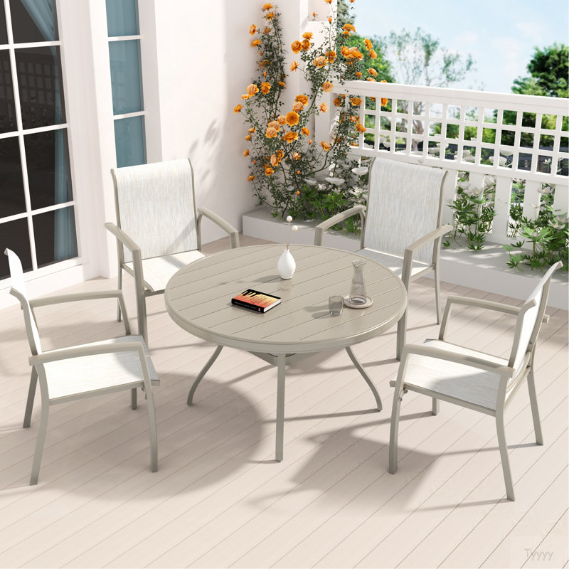 VRSHWO"Outdoor Round Patio Dining Table For 4-6, All Weather Metal Dining Table With Umbrella Hole For Deck Lawn Garden Backyard, Sandstone Color