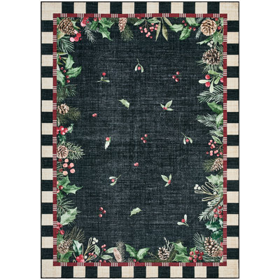 Christmas Area Rug – Machine Washable Faux Wool Soft Holiday Carpet with Holly & Pine Motifs, Non-Slip Low-Pile Floor Cover