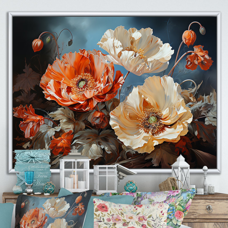 Vivid Poppy Moments III - Décoration murale coquelicots, Cadre flottant blanc, H 24 po x l 32 po