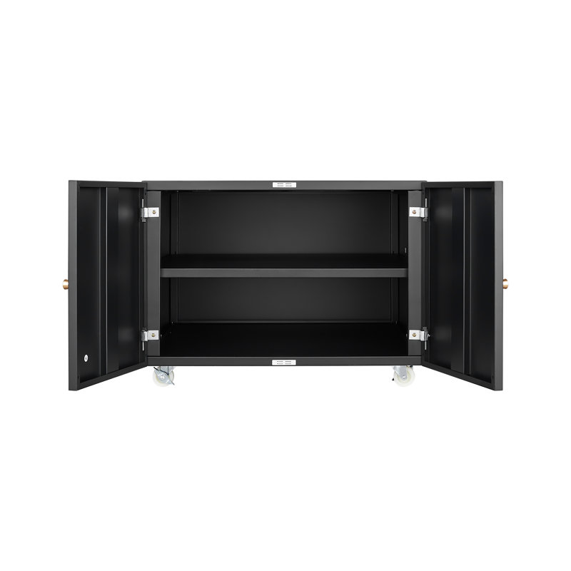 Black Metal Double-Door Printer Cabinet - 360° Lockable Casters, Crafted From Steel, Adjustable Shelves, Waterproof And Not Easy To Wear, Modern Design For Office, Home, Garage.